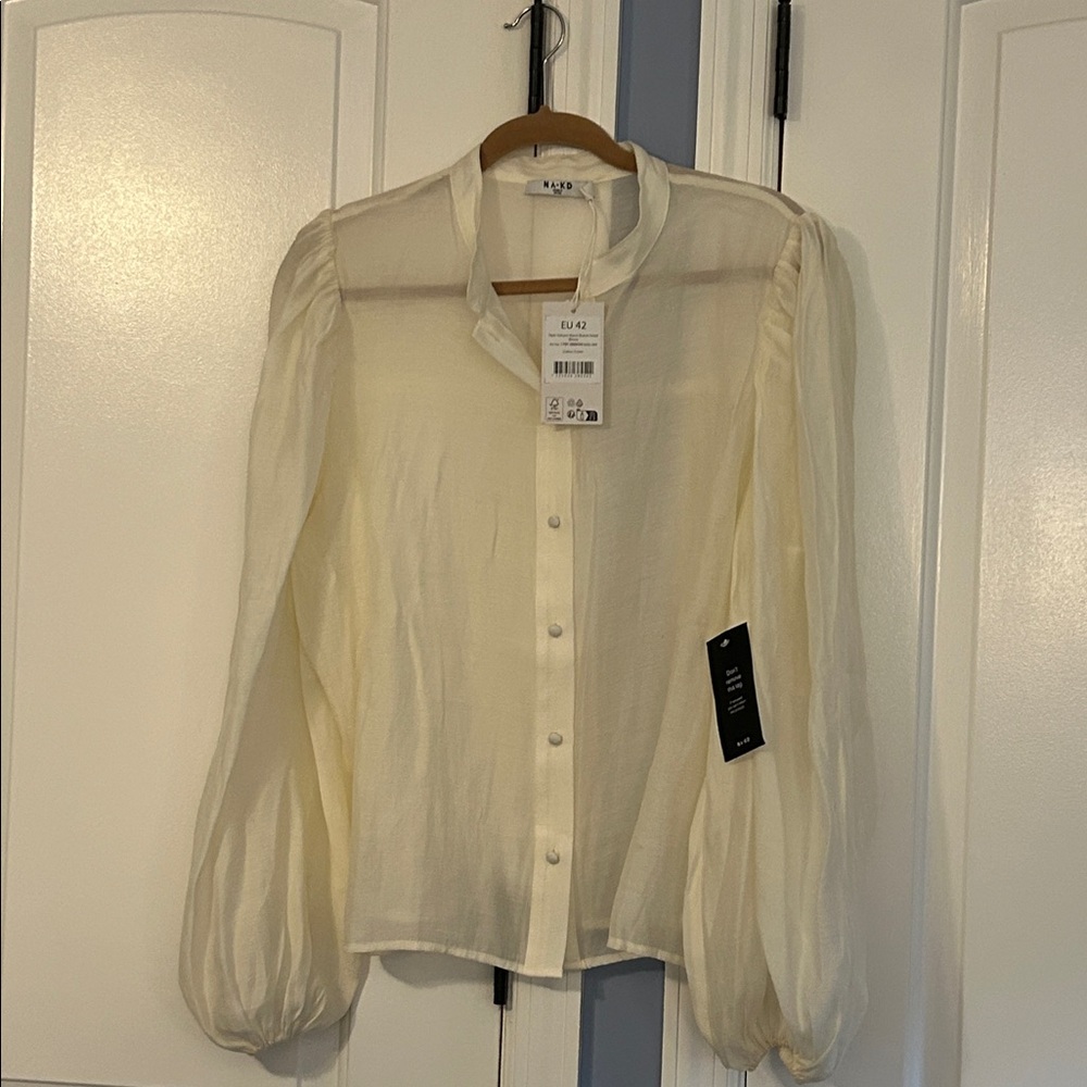 Sheer Cream Button-Up Blouse by NA-KD